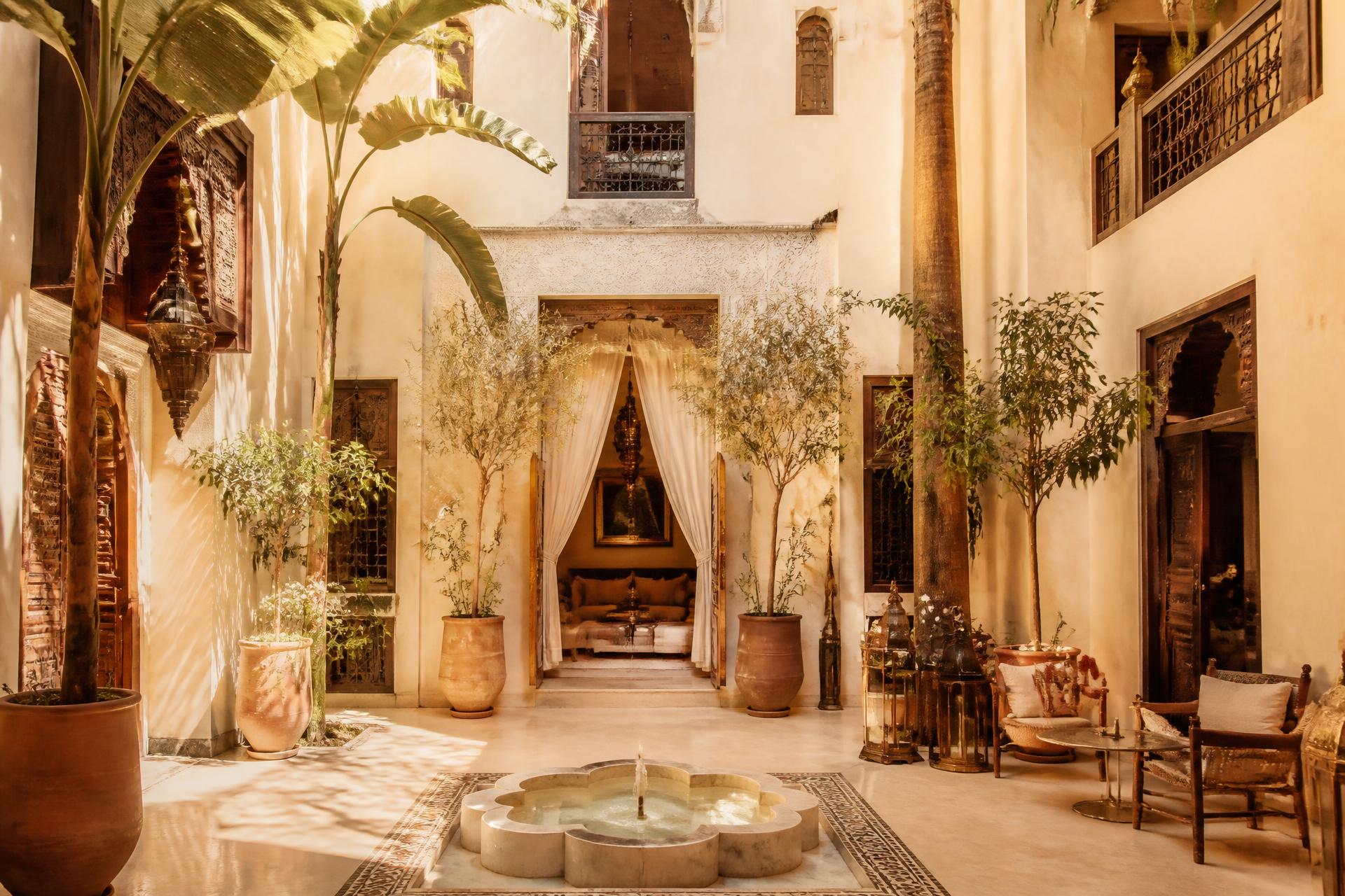 Marrakech riad courtyard at golden hour